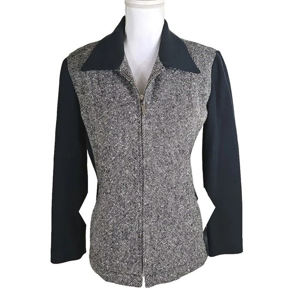 VNTG. LIZSPORT~Woman Sz 8 Petite~ Black/White 100% Wool Zip-Up Blazer Colorblock - Picture 4 of 12